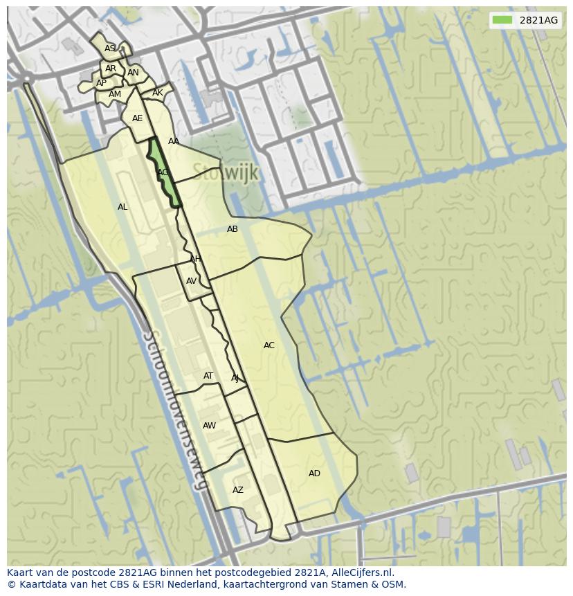 Afbeelding van het postcodegebied 2821 AG op de kaart.