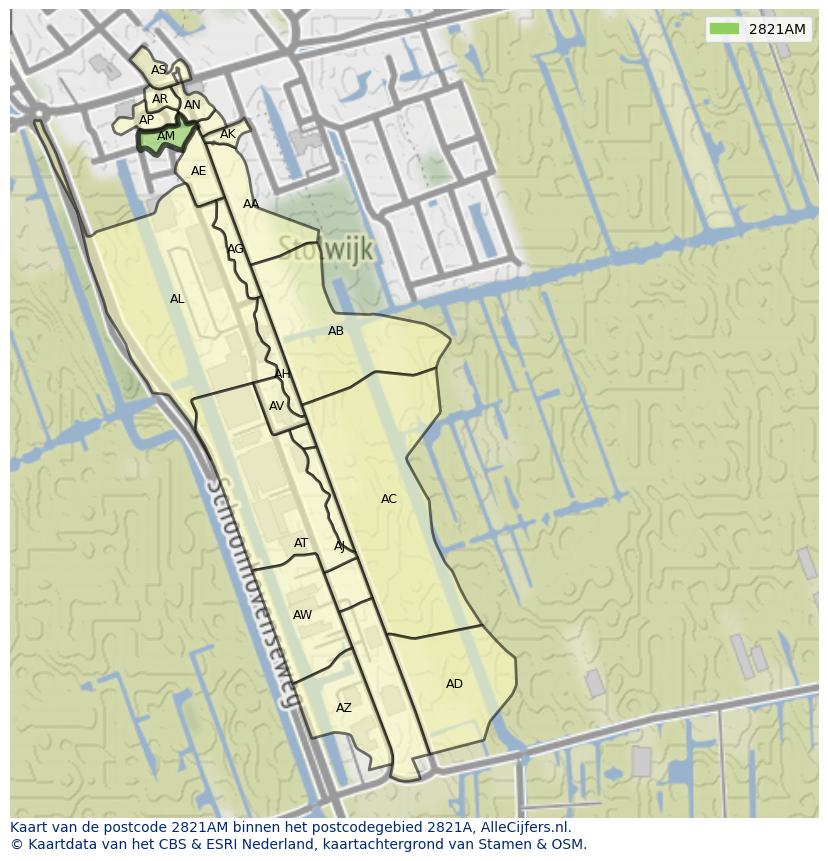 Afbeelding van het postcodegebied 2821 AM op de kaart.