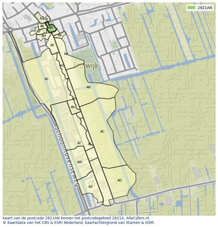 Afbeelding van het postcodegebied 2821 AN op de kaart.
