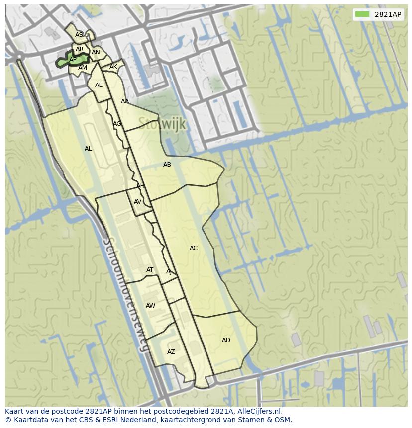 Afbeelding van het postcodegebied 2821 AP op de kaart.