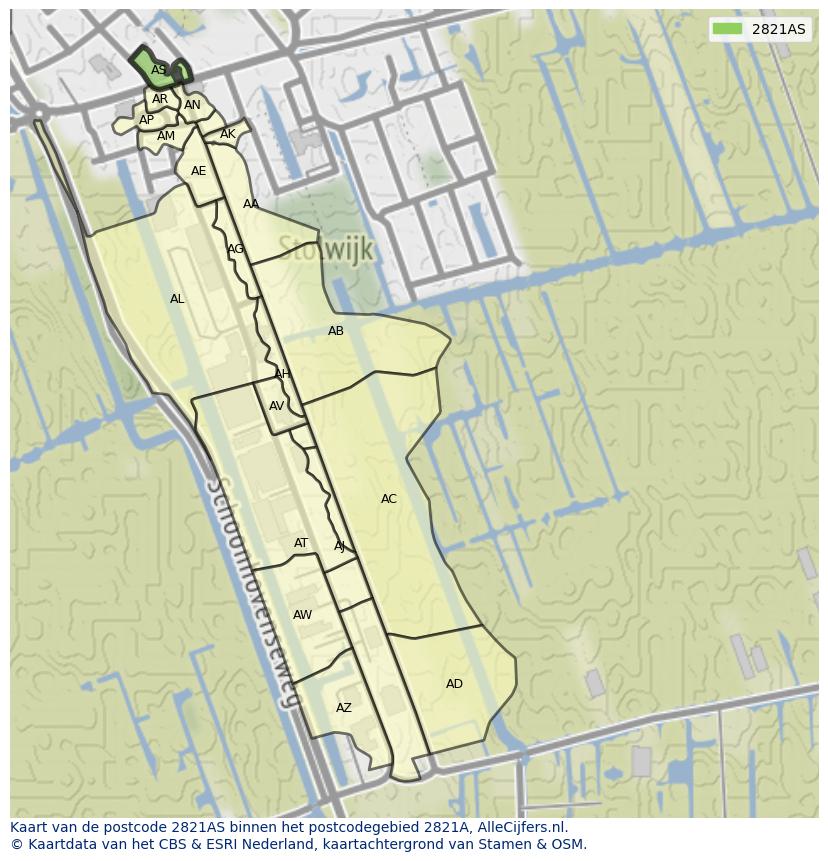 Afbeelding van het postcodegebied 2821 AS op de kaart.