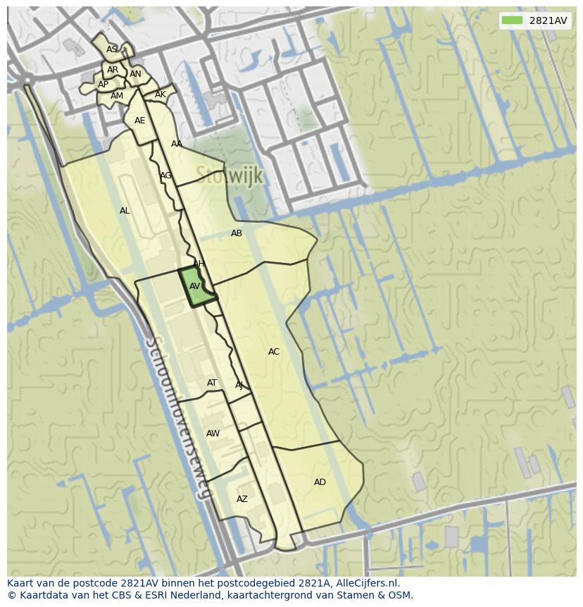 Afbeelding van het postcodegebied 2821 AV op de kaart.