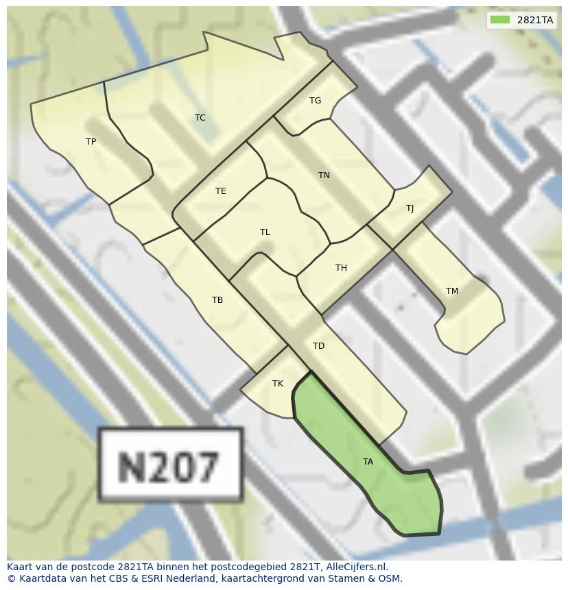 Afbeelding van het postcodegebied 2821 TA op de kaart.