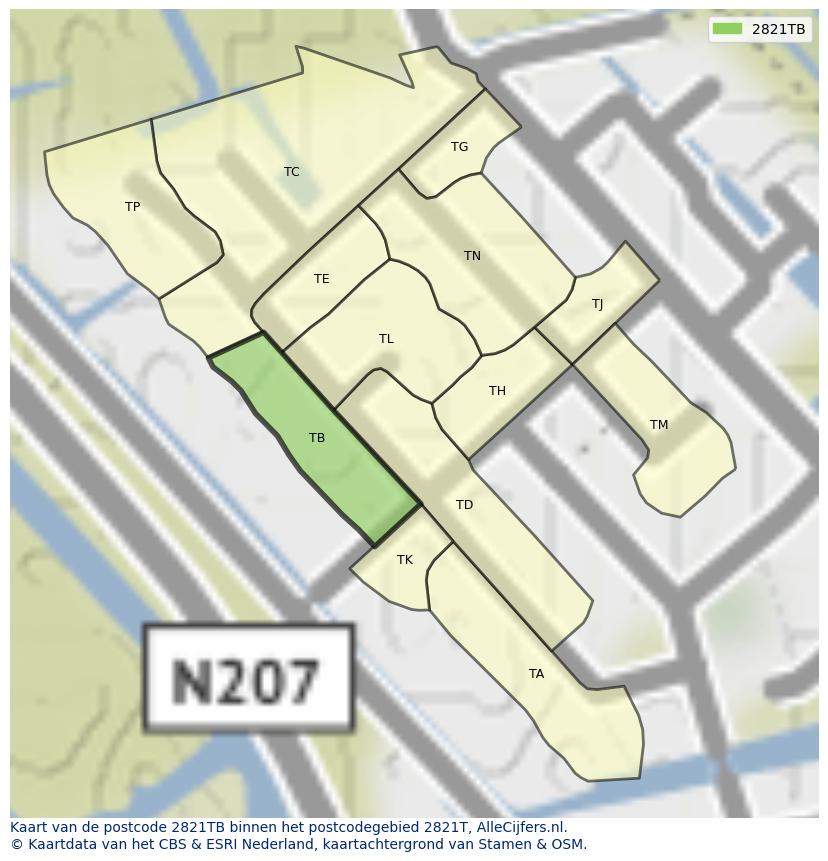 Afbeelding van het postcodegebied 2821 TB op de kaart.