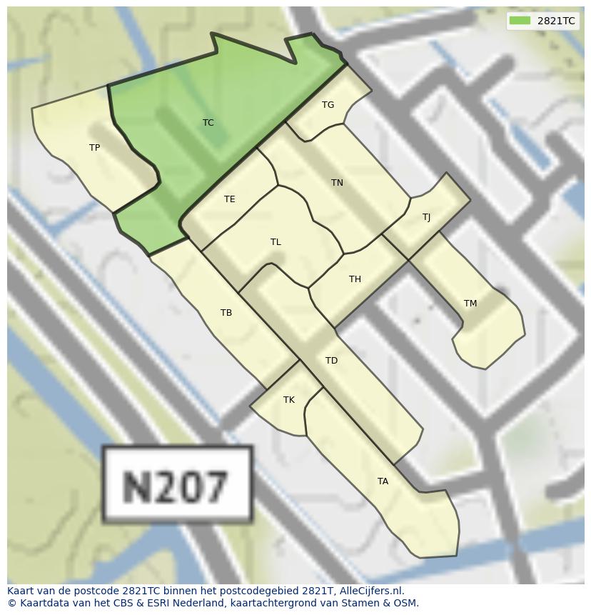 Afbeelding van het postcodegebied 2821 TC op de kaart.