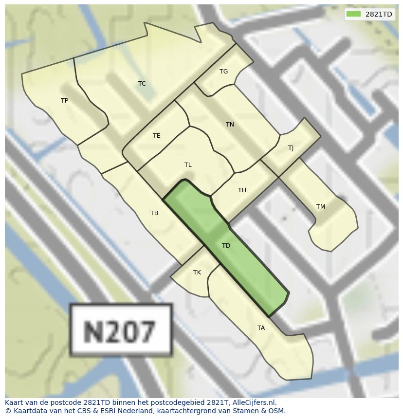 Afbeelding van het postcodegebied 2821 TD op de kaart.