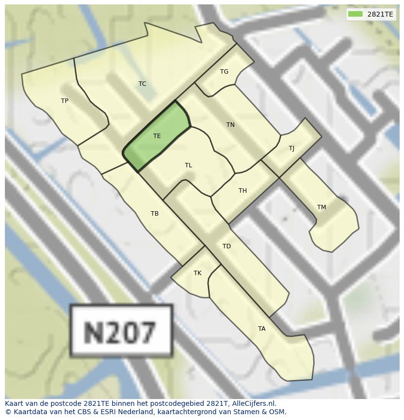 Afbeelding van het postcodegebied 2821 TE op de kaart.