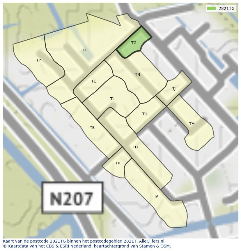 Afbeelding van het postcodegebied 2821 TG op de kaart.