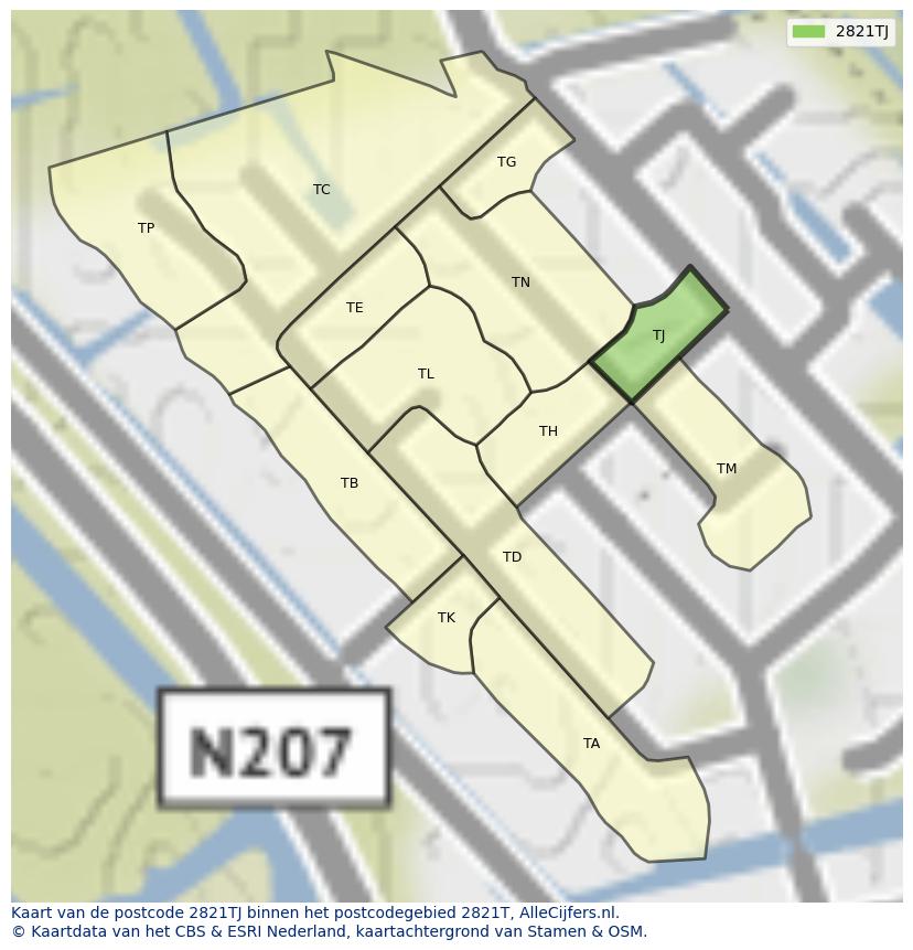 Afbeelding van het postcodegebied 2821 TJ op de kaart.