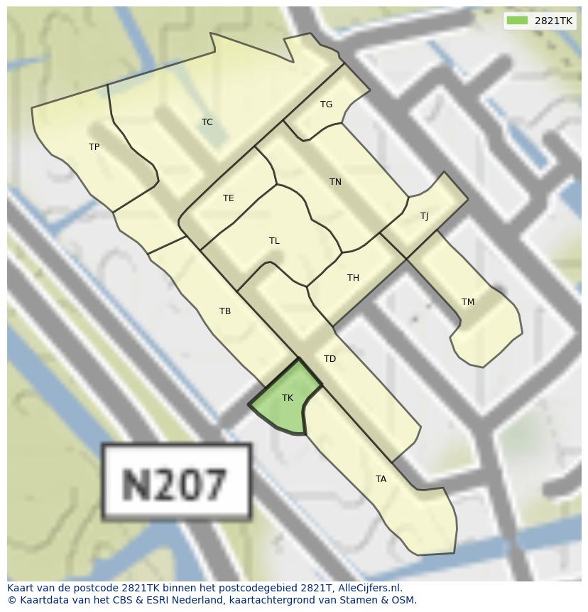 Afbeelding van het postcodegebied 2821 TK op de kaart.