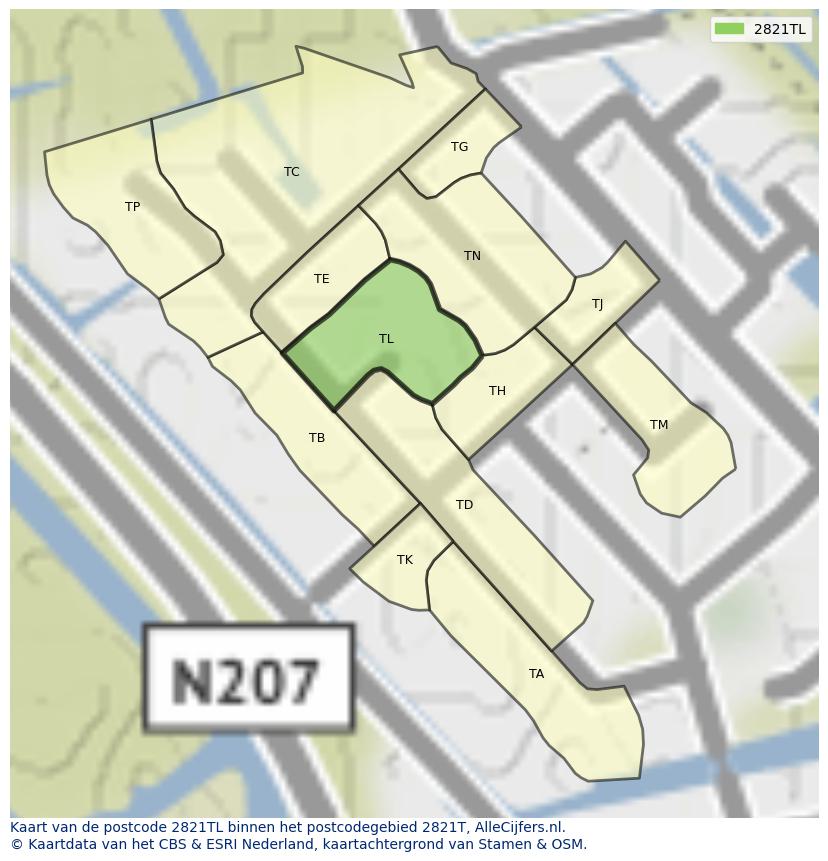 Afbeelding van het postcodegebied 2821 TL op de kaart.