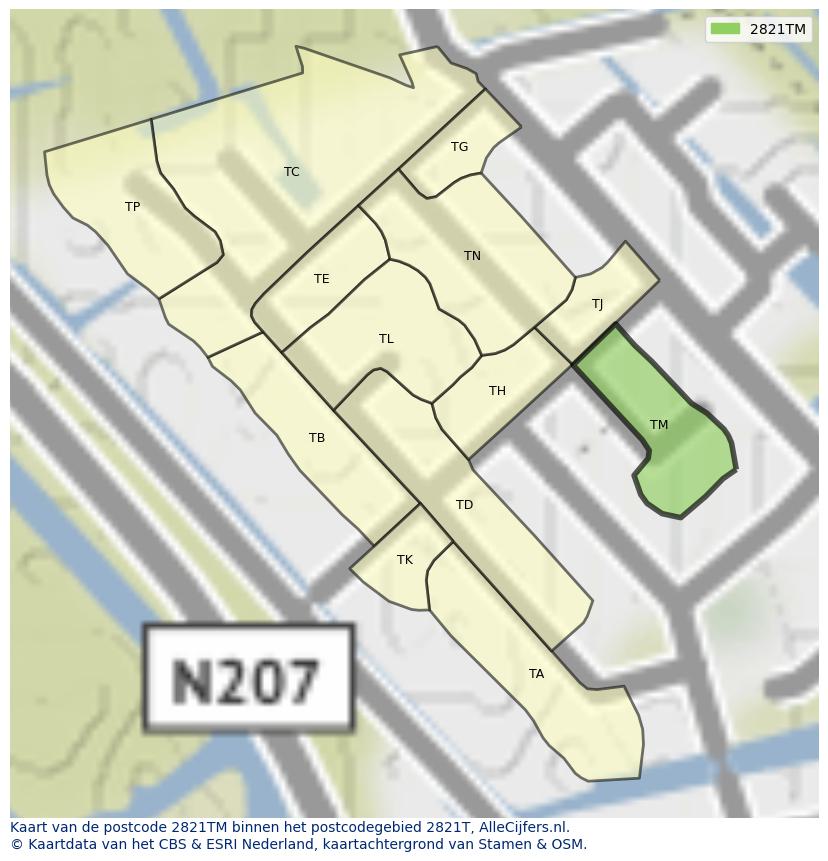 Afbeelding van het postcodegebied 2821 TM op de kaart.
