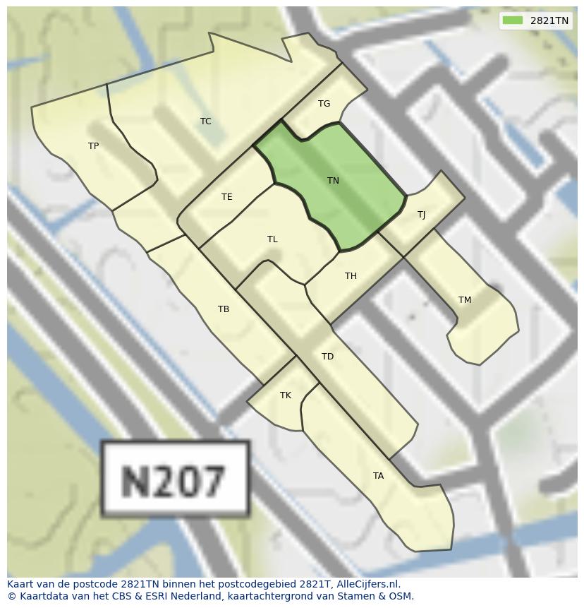 Afbeelding van het postcodegebied 2821 TN op de kaart.
