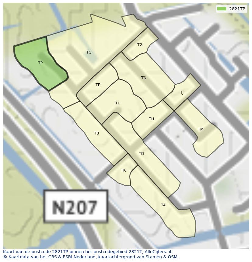 Afbeelding van het postcodegebied 2821 TP op de kaart.