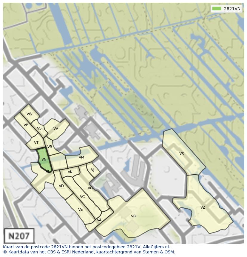 Afbeelding van het postcodegebied 2821 VN op de kaart.