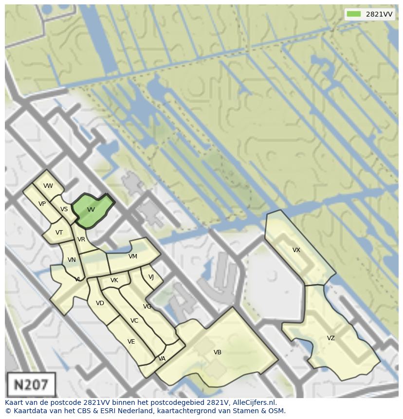Afbeelding van het postcodegebied 2821 VV op de kaart.
