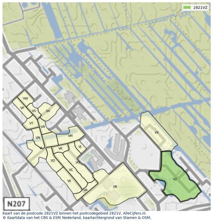Afbeelding van het postcodegebied 2821 VZ op de kaart.