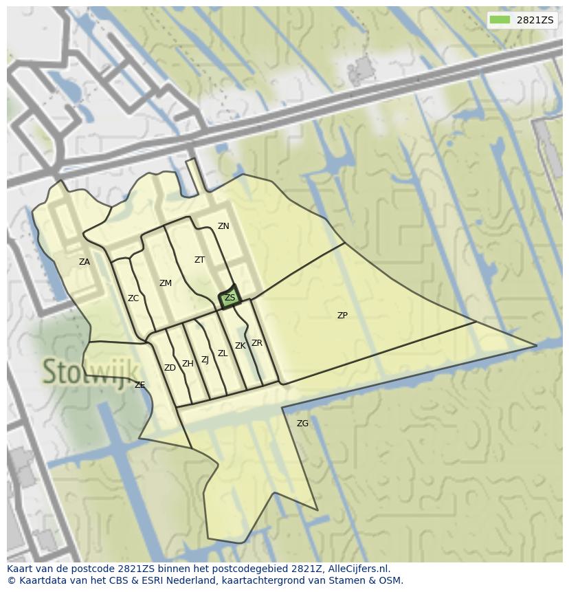 Afbeelding van het postcodegebied 2821 ZS op de kaart.