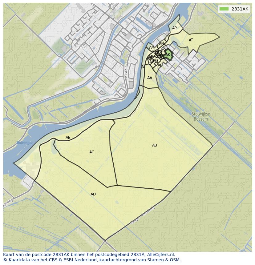 Afbeelding van het postcodegebied 2831 AK op de kaart.