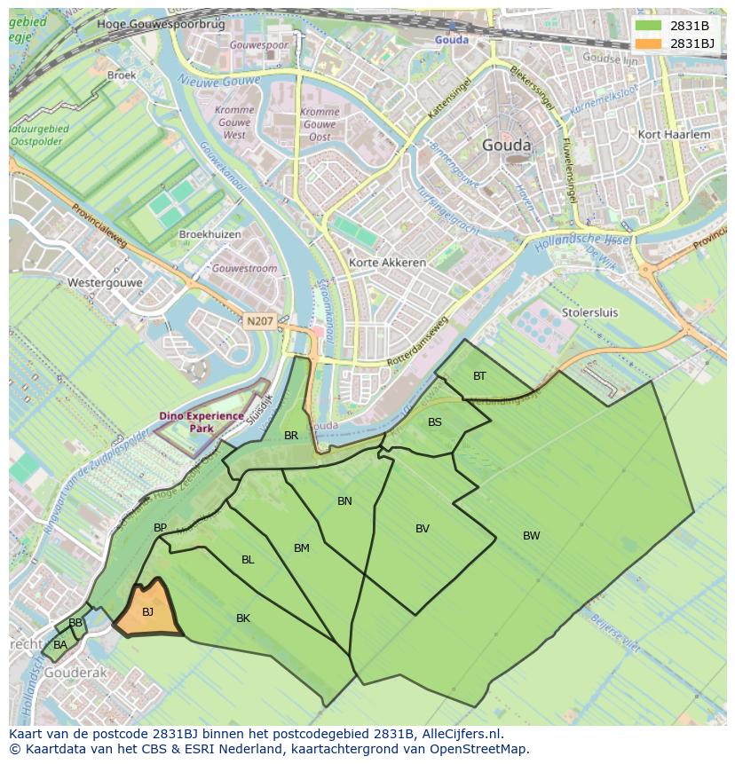 Afbeelding van het postcodegebied 2831 BJ op de kaart.