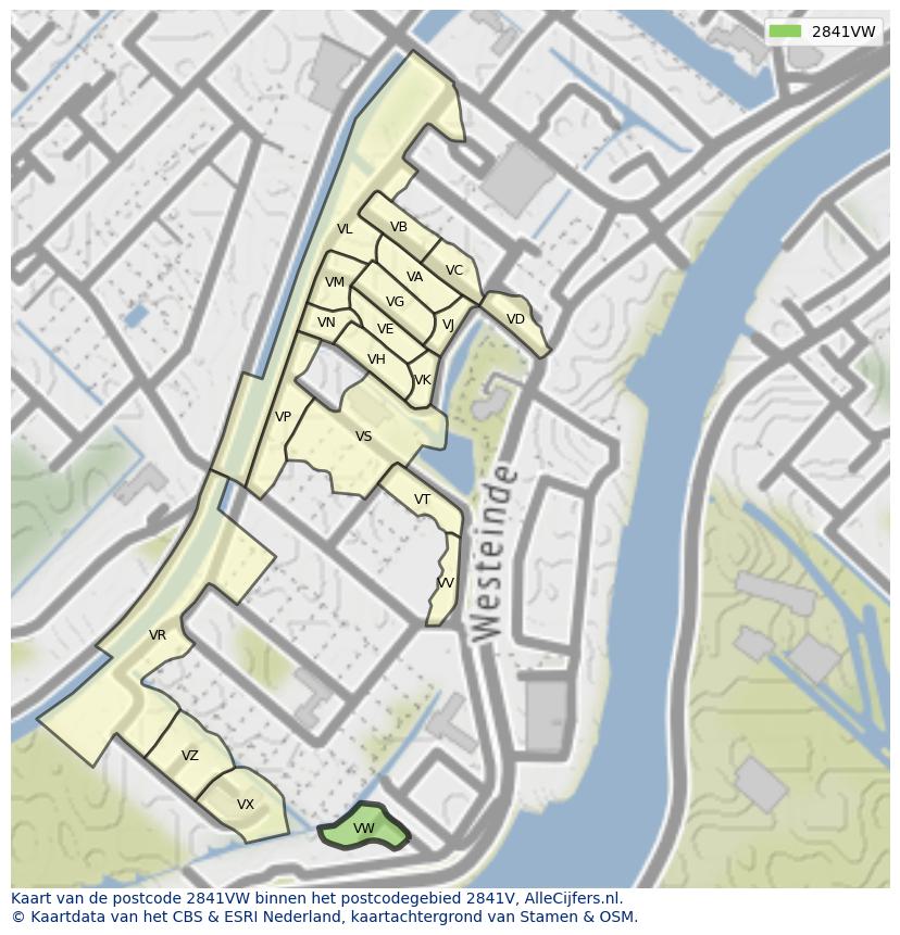 Afbeelding van het postcodegebied 2841 VW op de kaart.