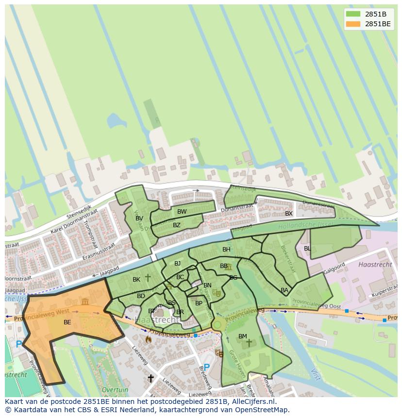 Afbeelding van het postcodegebied 2851 BE op de kaart.