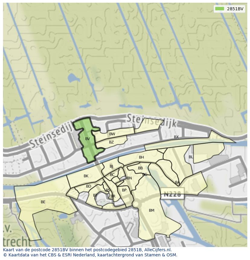 Afbeelding van het postcodegebied 2851 BV op de kaart.