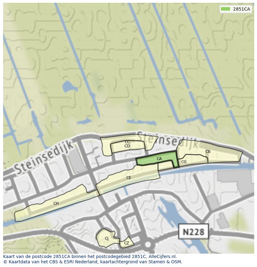 Afbeelding van het postcodegebied 2851 CA op de kaart.