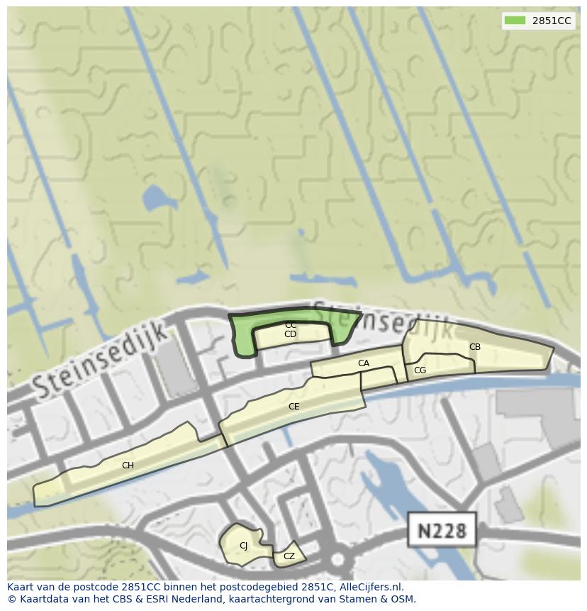 Afbeelding van het postcodegebied 2851 CC op de kaart.