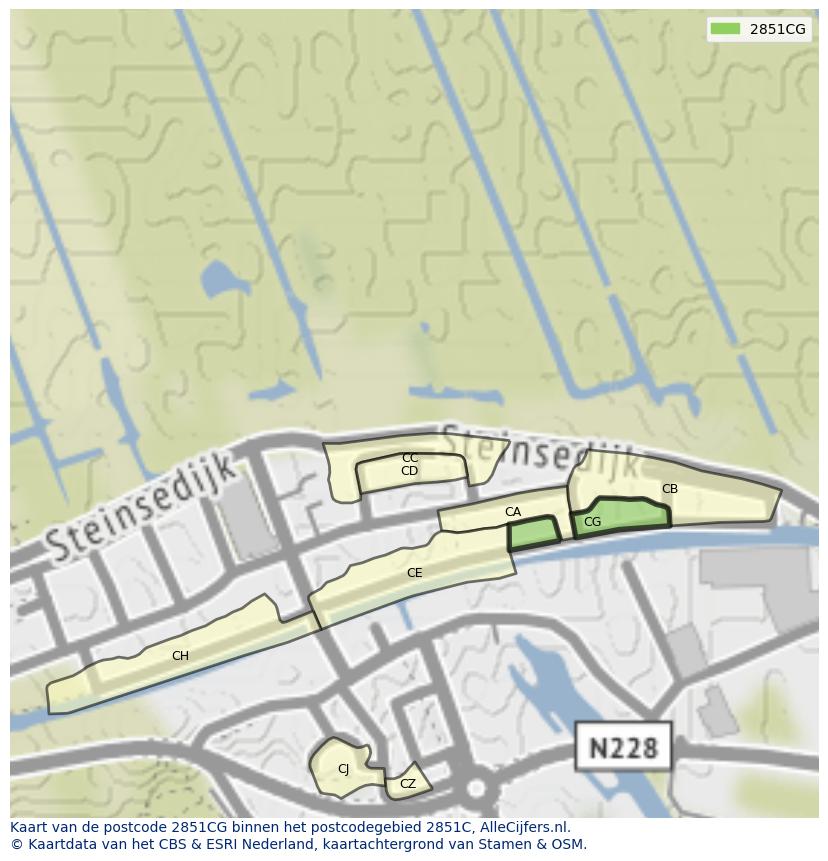 Afbeelding van het postcodegebied 2851 CG op de kaart.