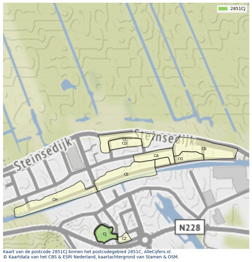 Afbeelding van het postcodegebied 2851 CJ op de kaart.