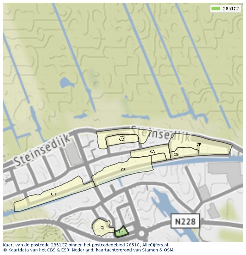 Afbeelding van het postcodegebied 2851 CZ op de kaart.