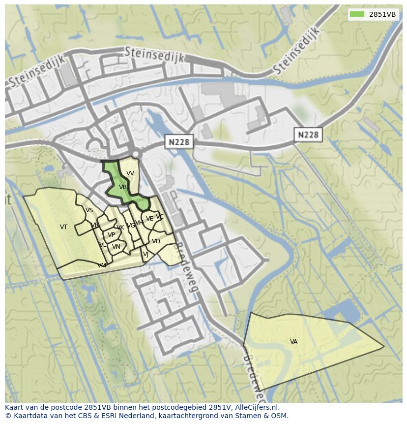 Afbeelding van het postcodegebied 2851 VB op de kaart.