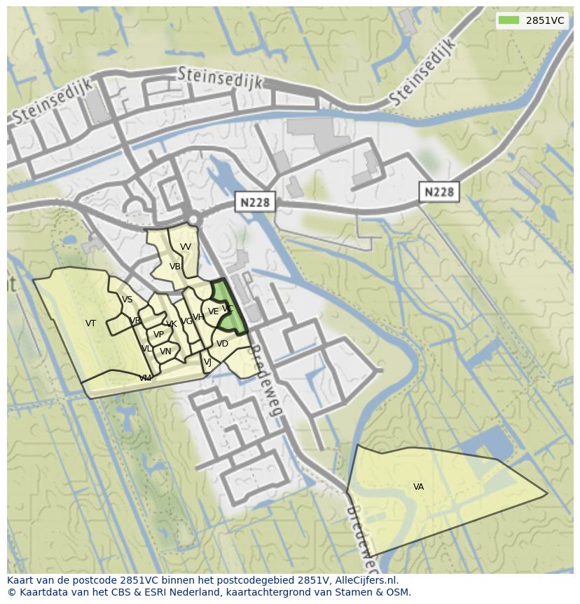 Afbeelding van het postcodegebied 2851 VC op de kaart.