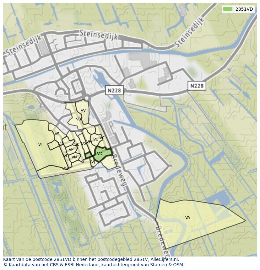 Afbeelding van het postcodegebied 2851 VD op de kaart.