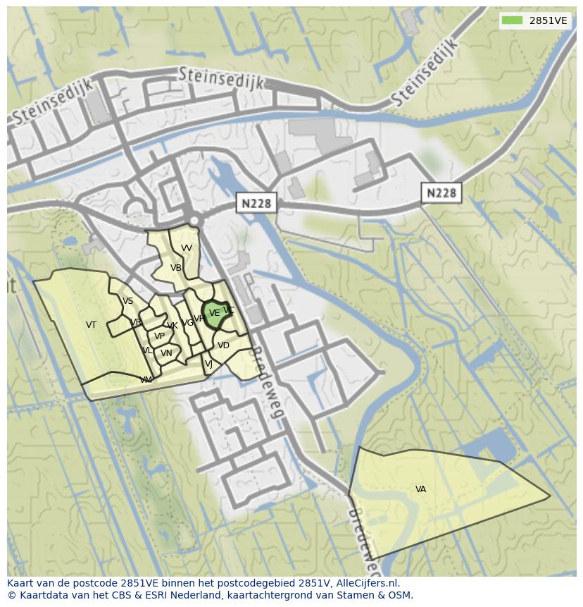 Afbeelding van het postcodegebied 2851 VE op de kaart.
