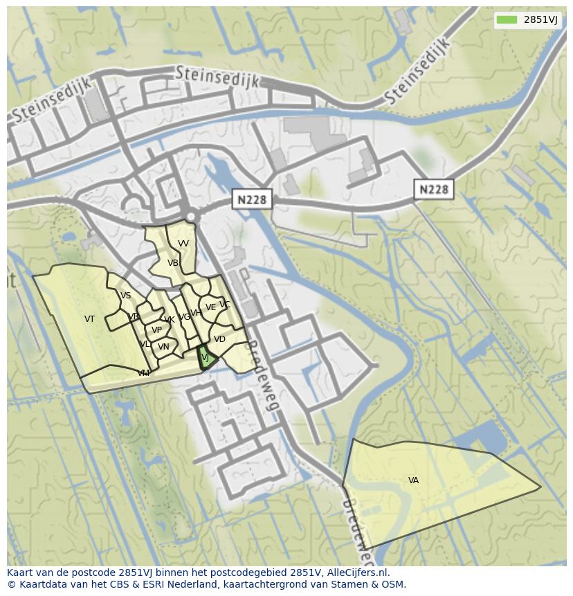 Afbeelding van het postcodegebied 2851 VJ op de kaart.