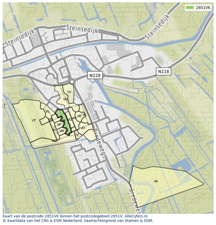 Afbeelding van het postcodegebied 2851 VK op de kaart.