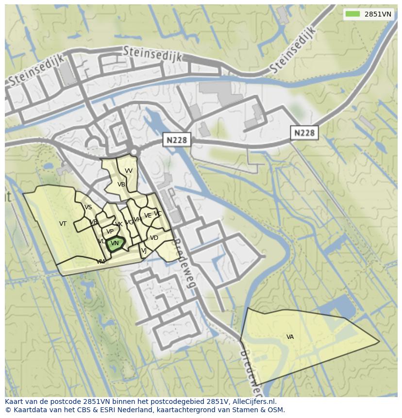 Afbeelding van het postcodegebied 2851 VN op de kaart.