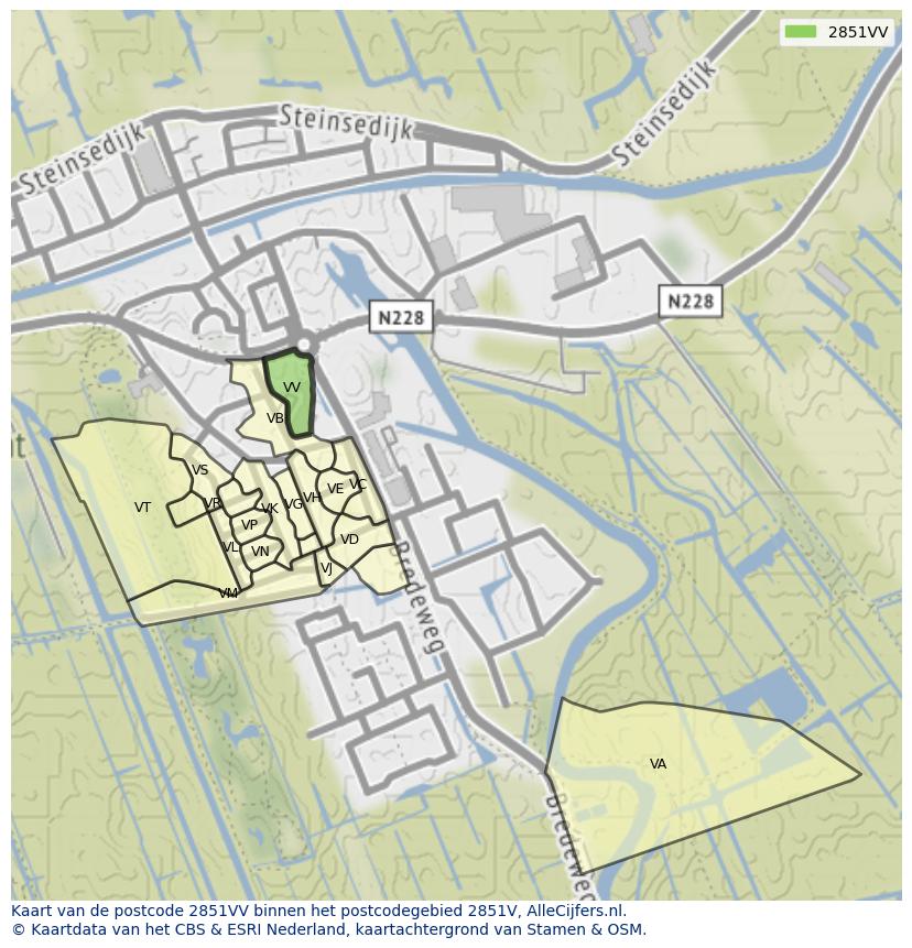 Afbeelding van het postcodegebied 2851 VV op de kaart.