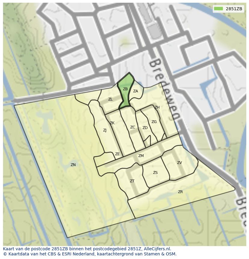 Afbeelding van het postcodegebied 2851 ZB op de kaart.