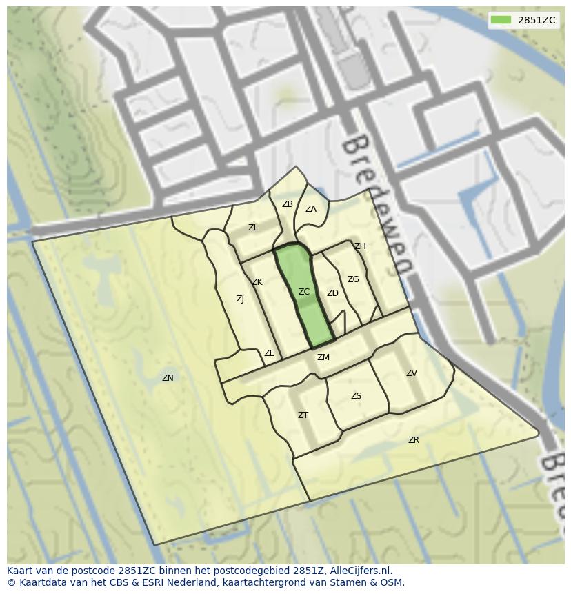 Afbeelding van het postcodegebied 2851 ZC op de kaart.