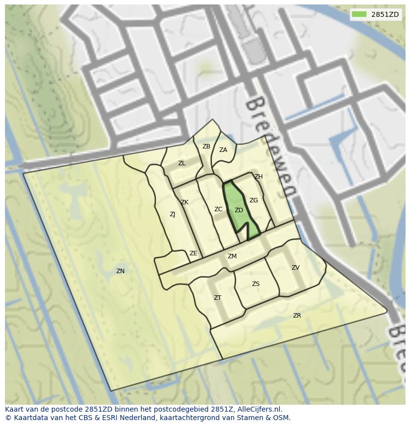 Afbeelding van het postcodegebied 2851 ZD op de kaart.
