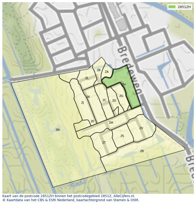Afbeelding van het postcodegebied 2851 ZH op de kaart.