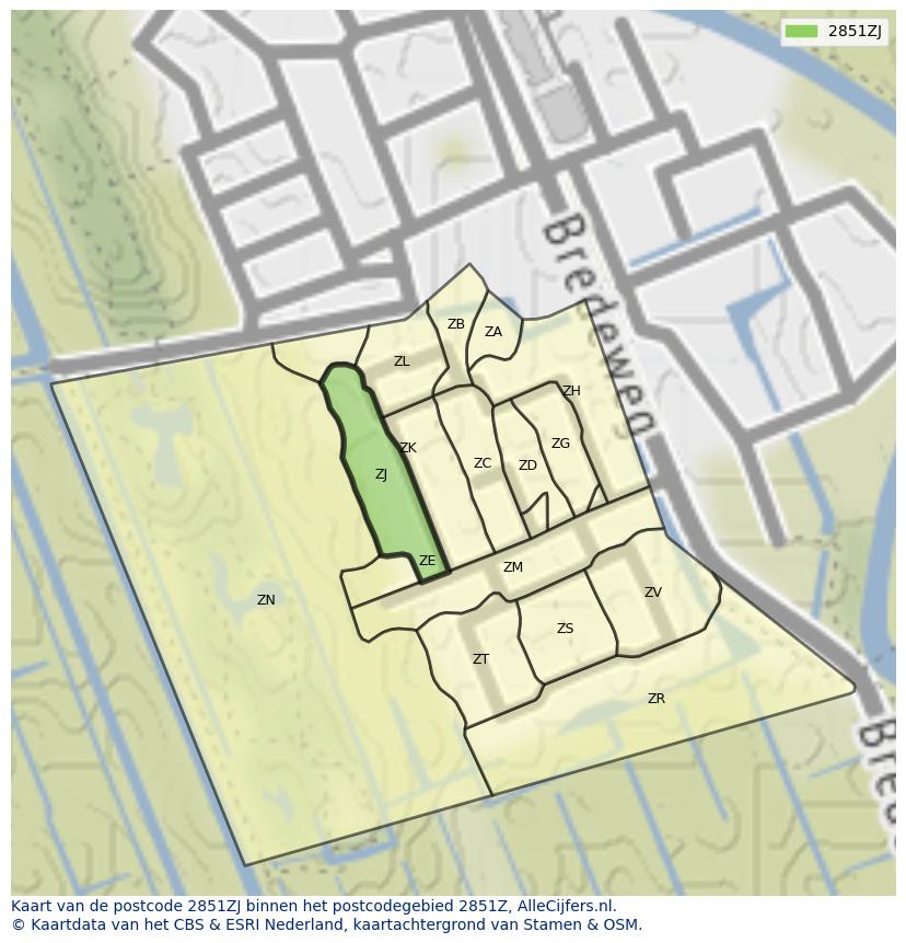 Afbeelding van het postcodegebied 2851 ZJ op de kaart.
