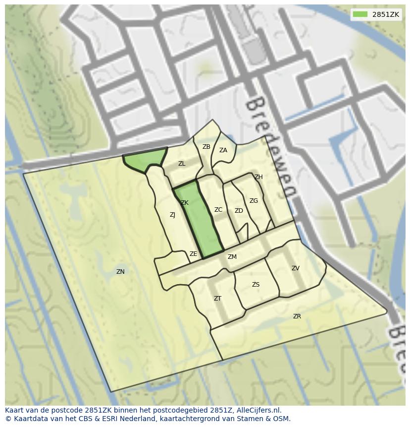 Afbeelding van het postcodegebied 2851 ZK op de kaart.