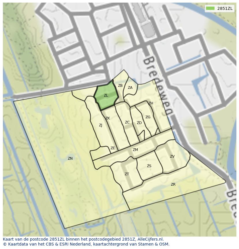 Afbeelding van het postcodegebied 2851 ZL op de kaart.