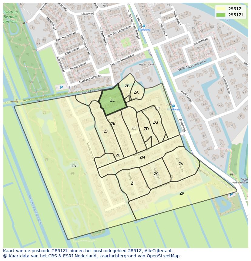 Afbeelding van het postcodegebied 2851 ZL op de kaart.