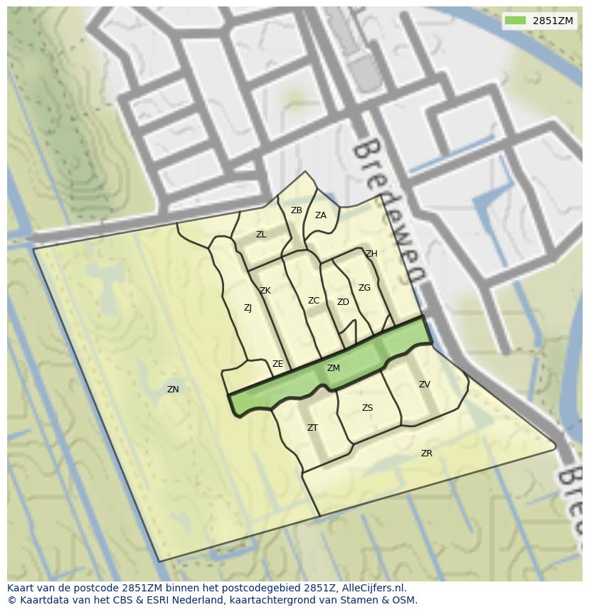 Afbeelding van het postcodegebied 2851 ZM op de kaart.