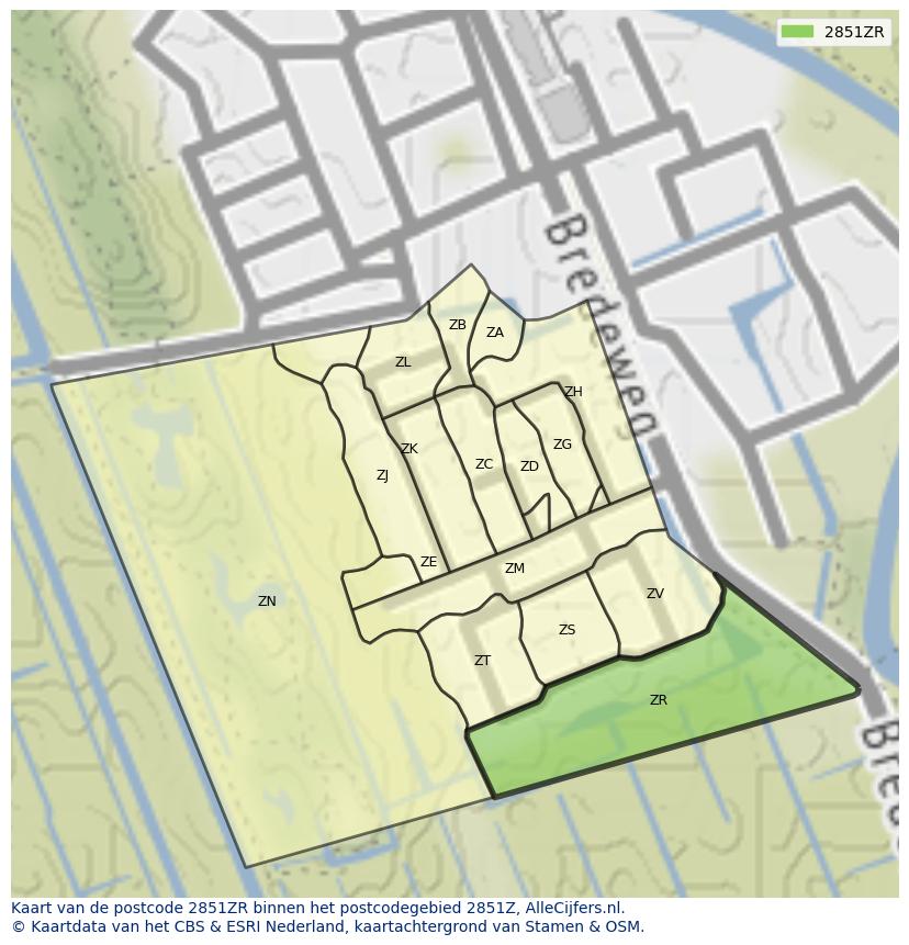 Afbeelding van het postcodegebied 2851 ZR op de kaart.